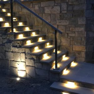 Lights on stone stairs at night