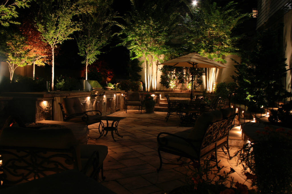 lights around patio trees and steps